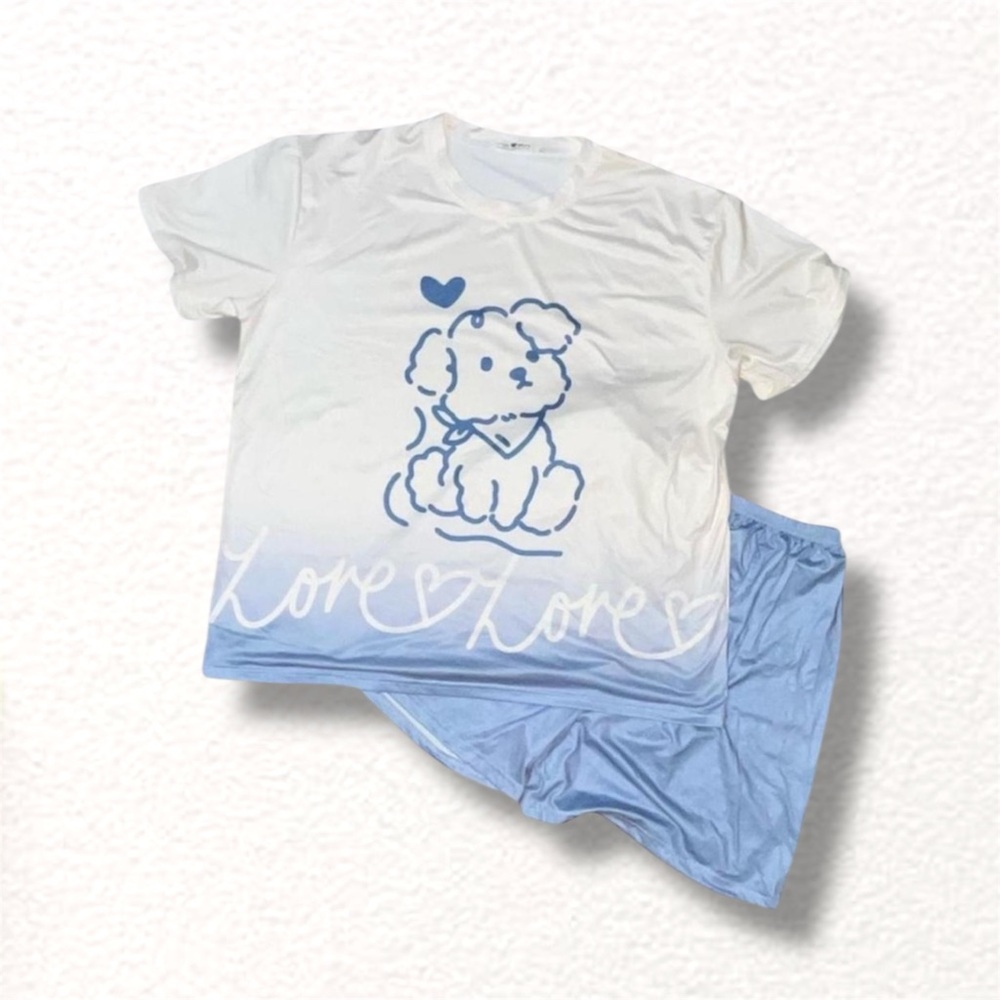Kawaii Dog Print Gradient Lounge Pajama Set in Blue and White
